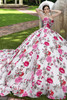 Maravilla 80013 white peony quinceanera ball gown with floral embroidery, front view