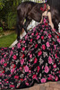 Black peony quinceanera gown with dramatic floral train, back view