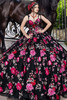 Maravilla 80013 black peony quinceanera ball gown with floral embroidery, front view