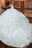 Aqua quinceanera gown with dramatic layered ruffle skirt, back view