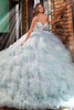 Maravilla 80022 aqua quinceanera ball gown with ruffle skirt, front view