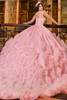 Pink quinceanera gown with layered ruffle skirt, back view