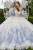 Maravilla 80025 ivory blue floral quinceanera ball gown with cascading flowers, front view