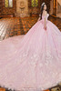 Pale pink quinceanera gown with royal train and lace appliqué, side view