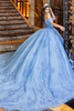 Pale blue quinceanera gown with royal train and lace appliqué, side view