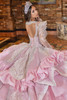 Ivory and pink quinceanera gown with lace-up corset back, back view