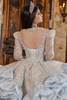 Ivory and blue quinceanera gown with lace-up corset back, back view