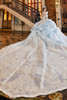 Ivory and blue quinceanera gown with royal train, back view
