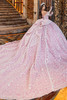 Ivory rose quinceanera gown with royal train and oversized bow, side view