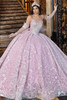 Ivory rose box pleat ball gown with glitter floral pattern, front view