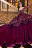 Mahogany purple quinceanera gown with glitter train and satin trim, side view