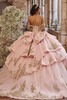 Blush gold quinceanera gown with dramatic overskirt and bow, back view