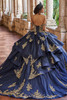 Navy gold quinceanera gown with layered overskirt and train, back view