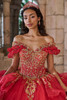 Red and gold beaded corset bodice with ruffled off-the-shoulder neckline