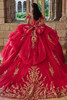 Red and gold quinceanera gown with statement bow and train, back view