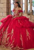 Maravilla 80055 red and gold ball gown with tufted overskirt, front view