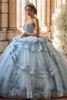 Maravilla 80058 sky and silver embroidered ball gown, front view