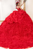 Red quinceanera gown with oversized rosette train, back view