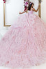 Fairy pink quinceanera gown with oversized rosette train, back view