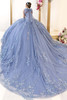 Dusty blue quinceanera gown with cathedral train, back view