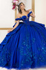 Royal blue glitter tulle ball gown with floral embroidery