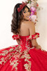 Red and gold corset back with floral embroidery detail