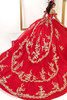 Red and gold quinceanera gown with cascading embroidered train, back view