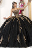 Maravilla 80065 black and gold strapless ball gown, front view