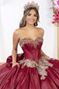 Wine strapless sweetheart bodice with gold floral appliqué