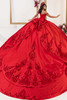 Red quinceanera gown with embroidered train, back view