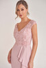 Detail view of beaded lace bodice and cap sleeves on K278059