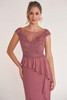 Detail view of beaded lace bodice and ruffled peplum on K278065