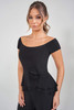 Detail view of off shoulder neckline and floral waist detail on K288007