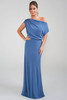 Front view of steel blue Jade Couture K288015 one shoulder mother dress