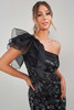 Detail view of one-shoulder organza ruffle and pleated neckline on K288025