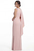 Back view of Jade Couture K288051 sheath gown with asymmetrical draped sleeve