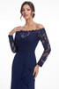 Detail view of portrait neckline and sheer lace sleeves on K288059