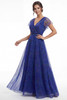 Front view of cobalt Jade Couture K288062 organza mother of the bride gown