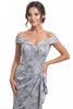 Detail view of portrait neckline and draped side gathers on K288071