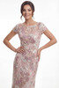 Detail view of boat neckline and embroidered lace on K288074