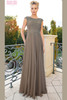 Front view of dark taupe Marsoni M238 A-line mother of the bride dress