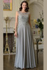 Front view of sage Marsoni M340 chiffon mother of the bride gown