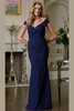 Front view of navy Marsoni M342 stretch crepe mother of the bride dress