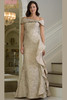 Front view of champagne Marsoni MV1381 off-the-shoulder evening dress