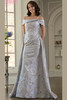 Front view of gold and blue Marsoni MV1382 off-the-shoulder formal gown