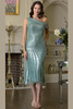 Front view of sage Marsoni MV1385 asymmetrical beaded formal dress