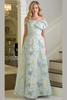 Front view of sea glass Rina di Montella RD3401 floral brocade mother of the bride gown