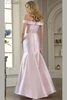 Back view of blush Rina di Montella RD3408 off-the-shoulder formal gown