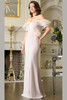 Front view of champagne Rina di Montella RD3418 formal gown with floral waist accent