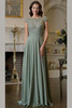 Front view of sage Rina di Montella RD3419 beaded mother of the bride dress